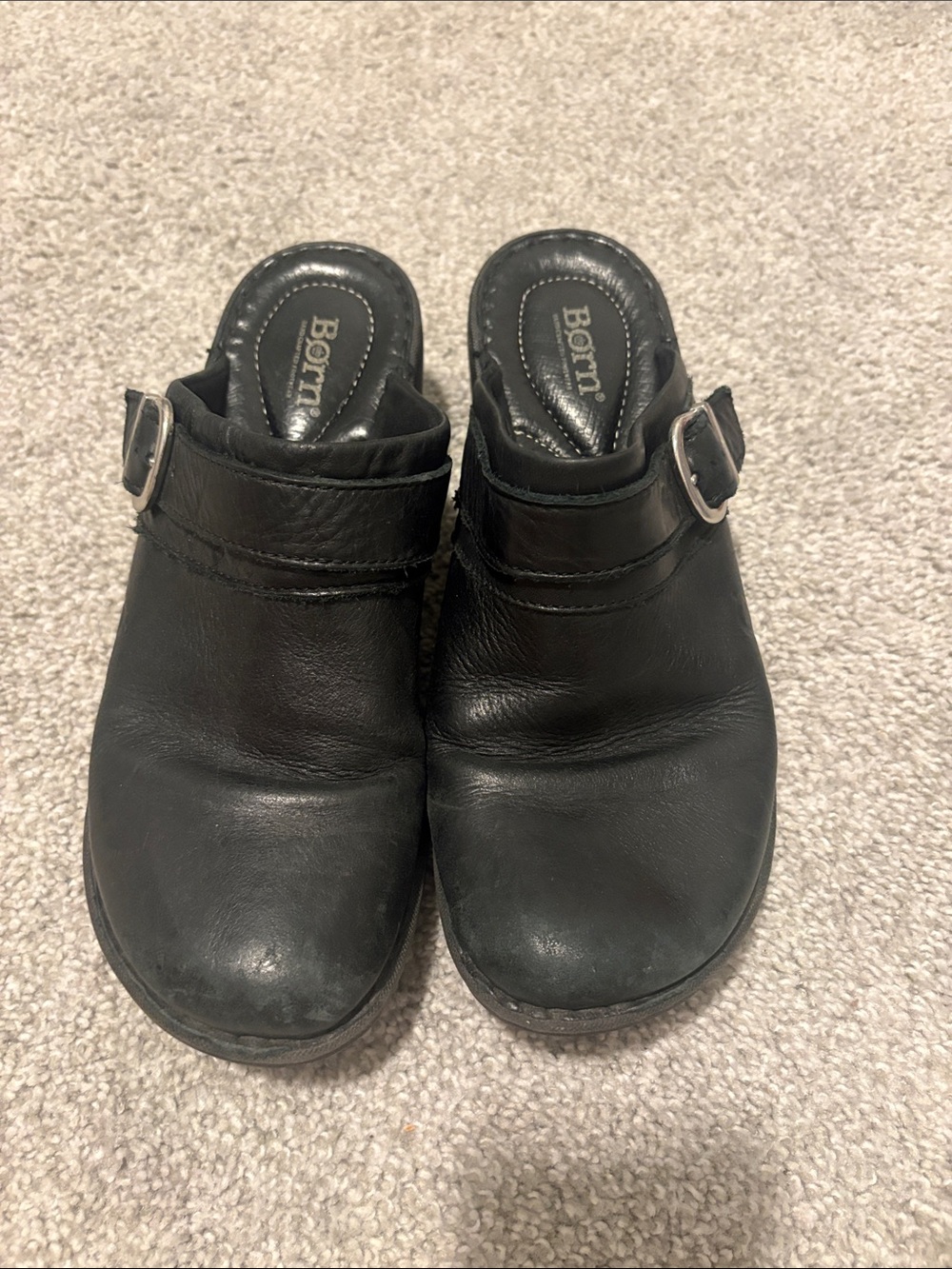Born Black Leather Buckle Clogs 9